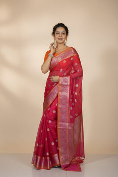 Banarasi Organza Saree with Gold Butti and Zari Border in Rani Pink