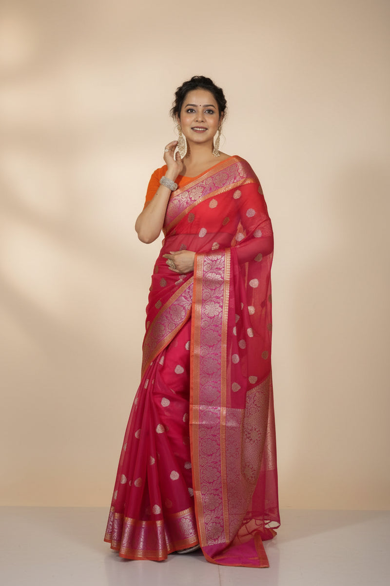 Banarasi Organza Saree with Gold Butti and Zari Border in Rani Pink