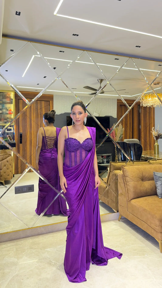 Emerald Green Off-Shoulder Corset Pre- draped Saree