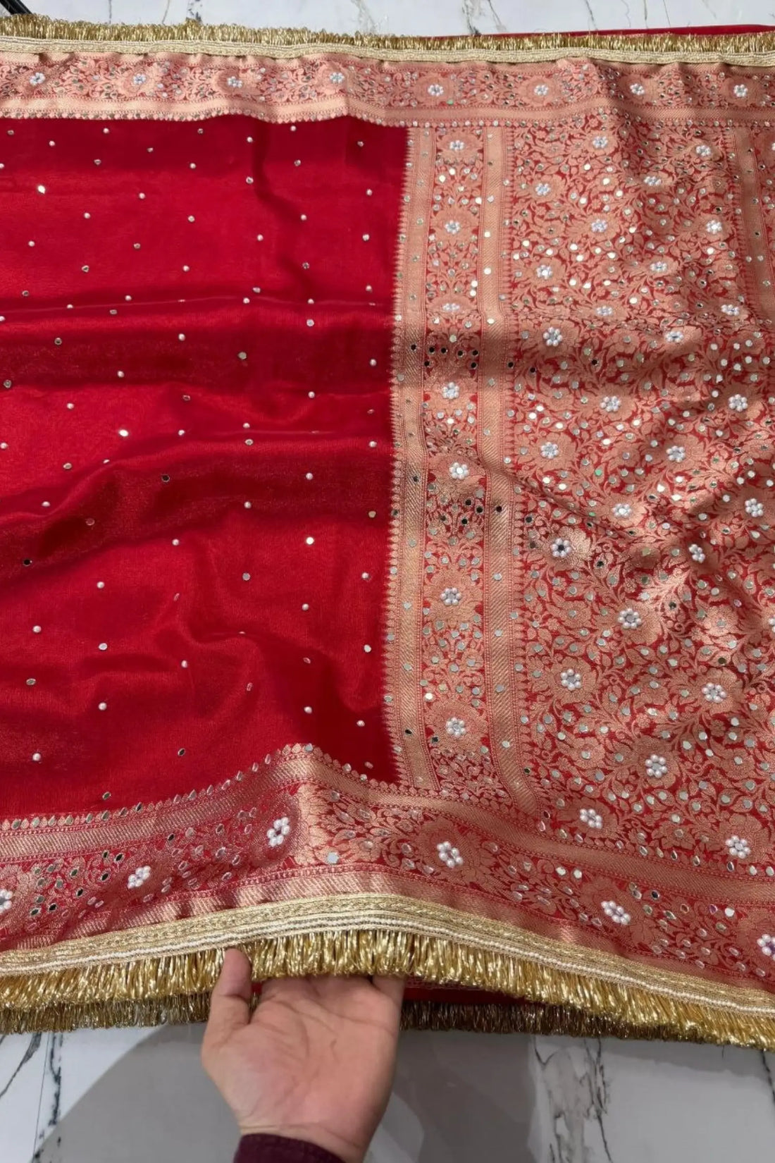 Ruby Royale Banarasi Tissue Mirror Work Border Saree with Blouse