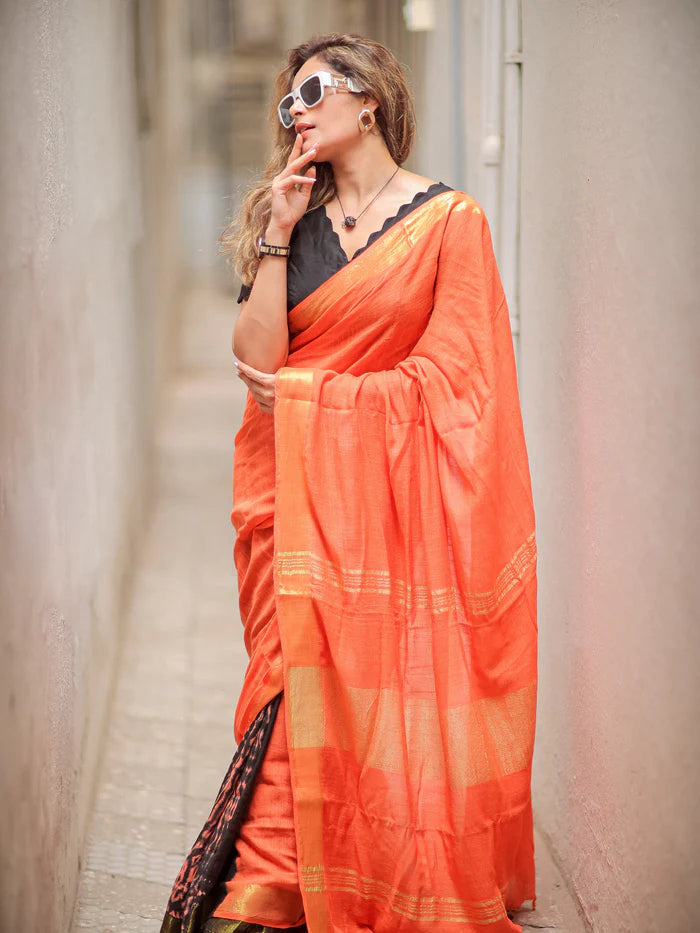 Coral Glow Soft Linen Quirky Saree