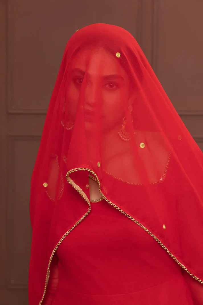 Chanderi Red Petal Neck Anarkali with Dupatta