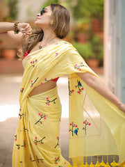 Yellow Mulmul Hand-Embroidered Saree
