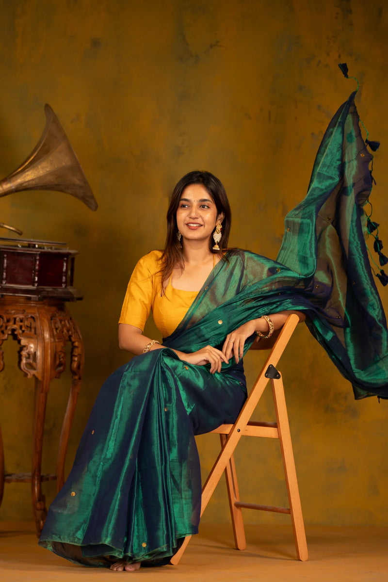 Emerald Green Tissue Mul Cotton Saree