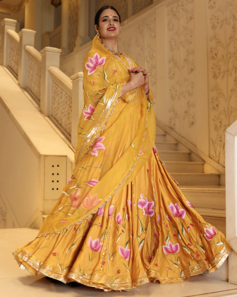 Hand-Painted Floral Satin Lehenga Set