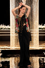 Black Crepe Saree with Blouse and Jacket Set