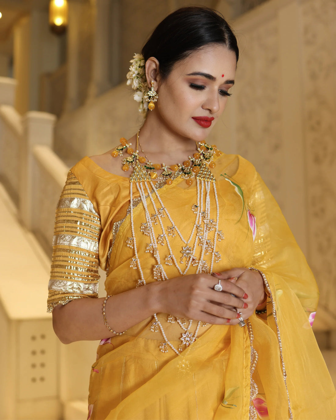 Hand-Painted Floral Satin Lehenga Set