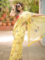 Yellow Mulmul Hand-Embroidered Saree