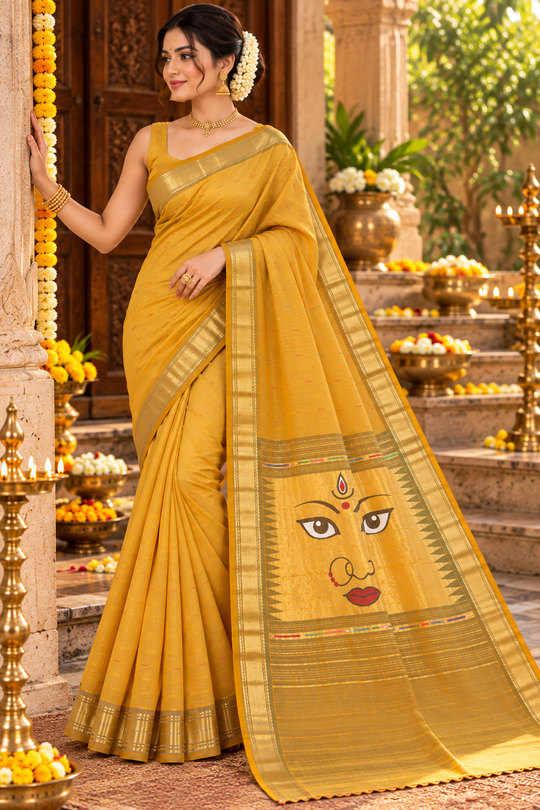 Traditional Maharashtrian Devi Varn Temple Design Zari Border Cotton Paithani Saree