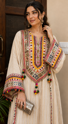 Noor-e-Gota Pure Mul Cotton Long Chogha Set with Mirror & Ghungroo Work Kaftan