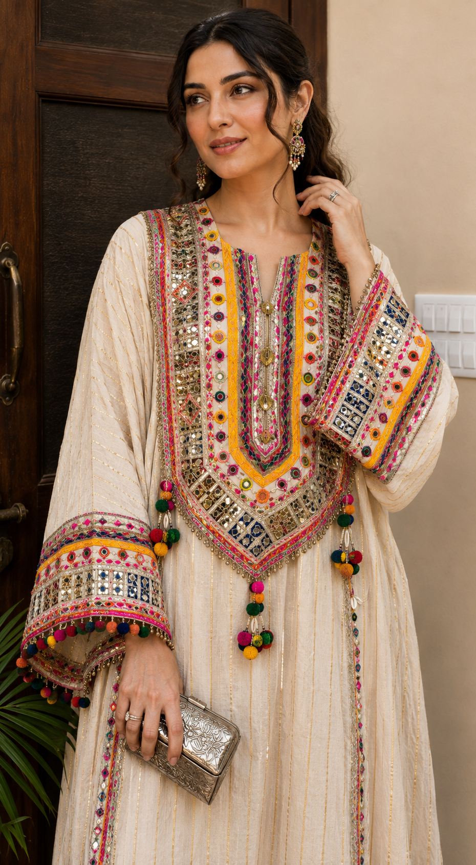 Noor-e-Gota Pure Mul Cotton Long Chogha Set with Mirror & Ghungroo Work Kaftan