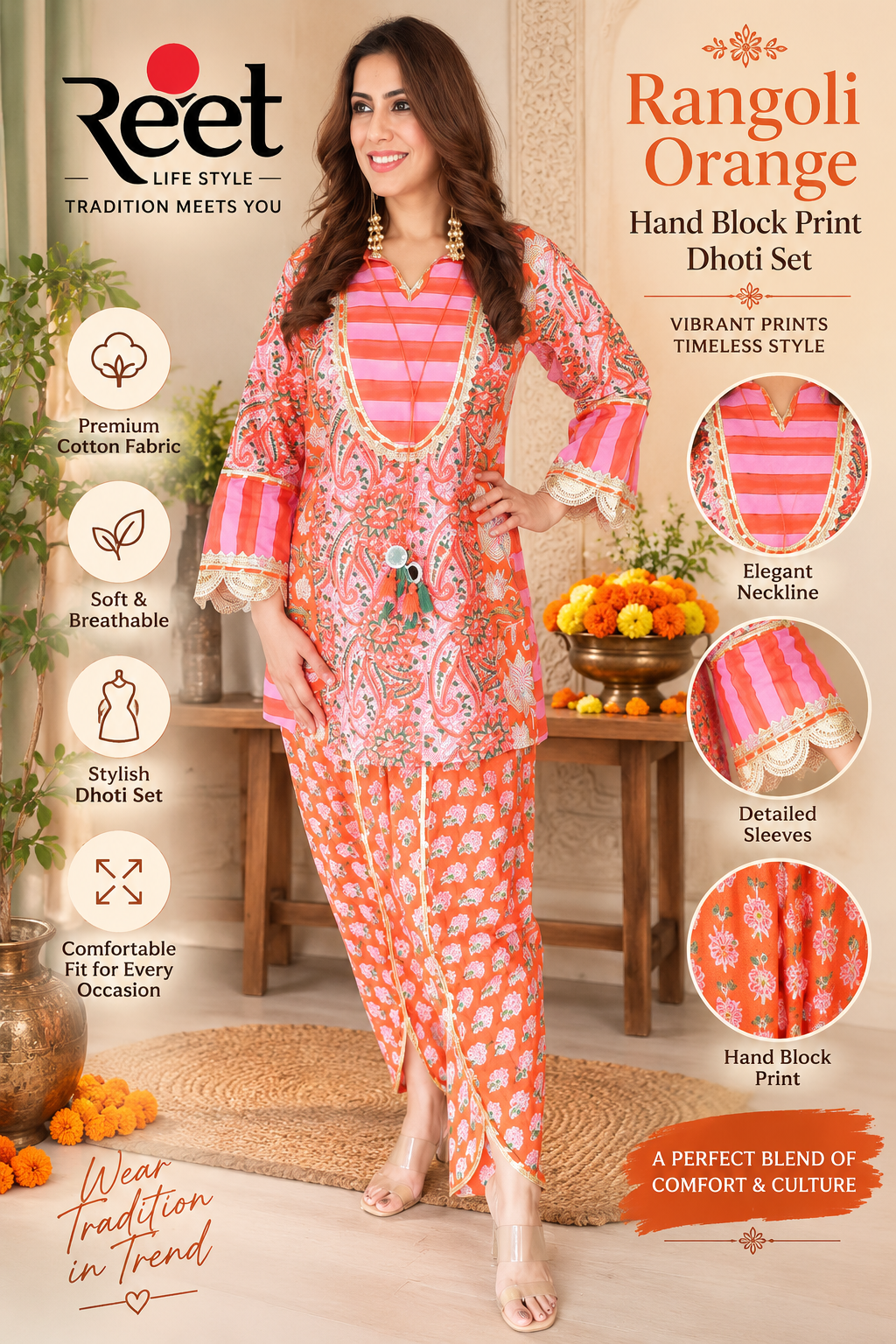 Rangoli Orange Hand Block Cotton Kurta With Tulip Pants