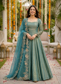 Sage Green Embroidered Anarkali Gown Set with Organza Dupatta