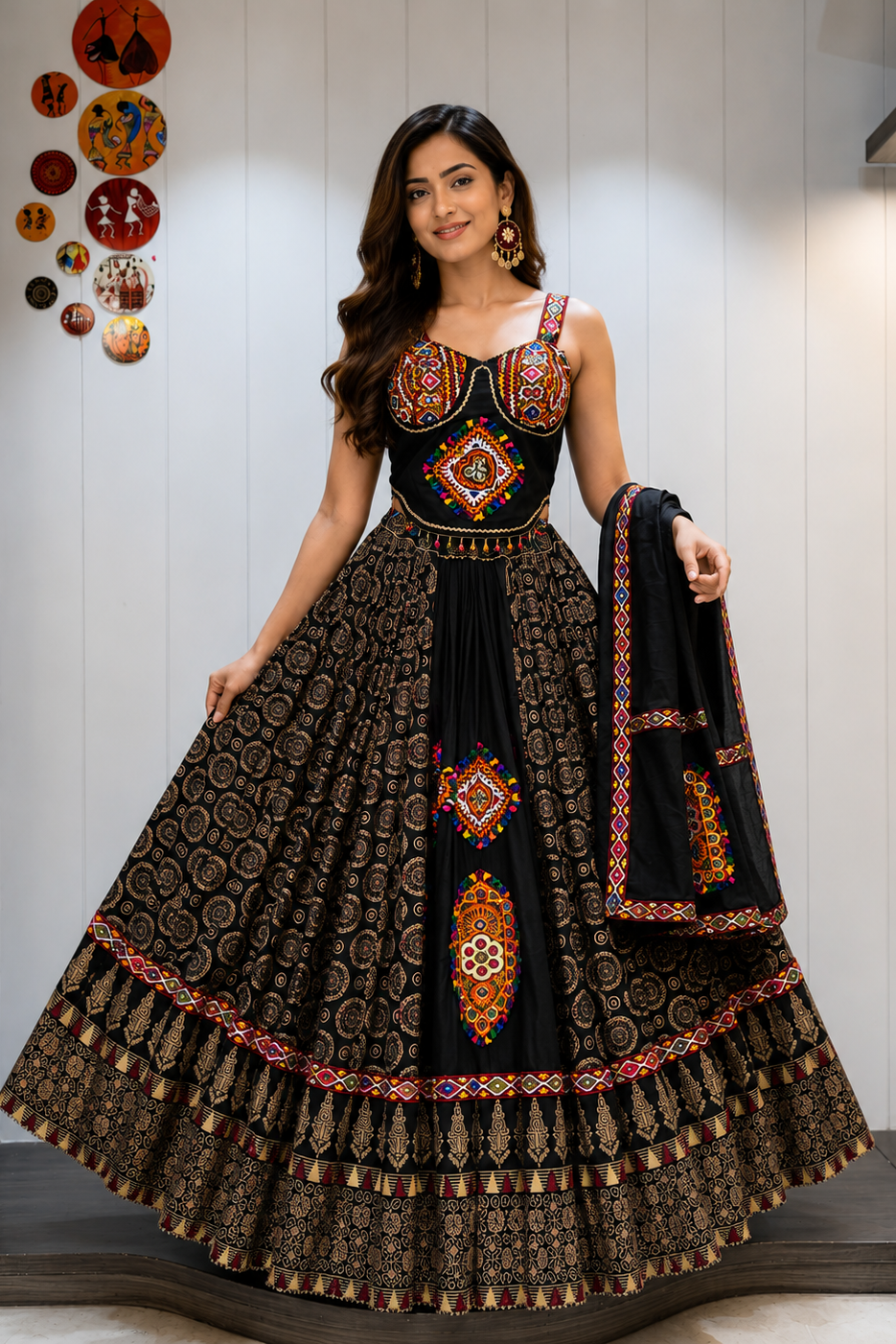 Ajrakh Tiranga Pure Camric Cotton Gamthi Work Lehenga