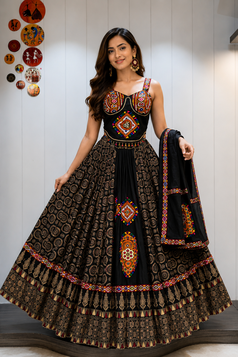 Ajrakh Tiranga Pure Camric Cotton Gamthi Work Lehenga