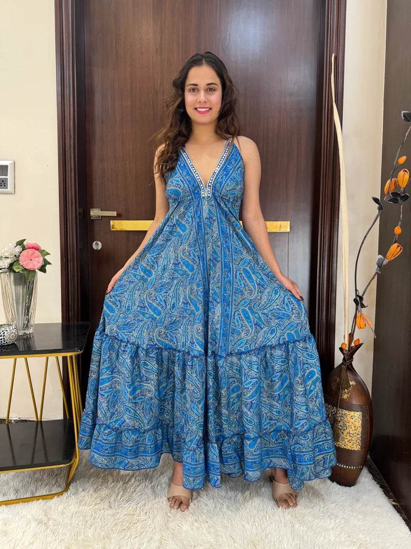 Blue Mirage Paisley Backless Maxi Dress