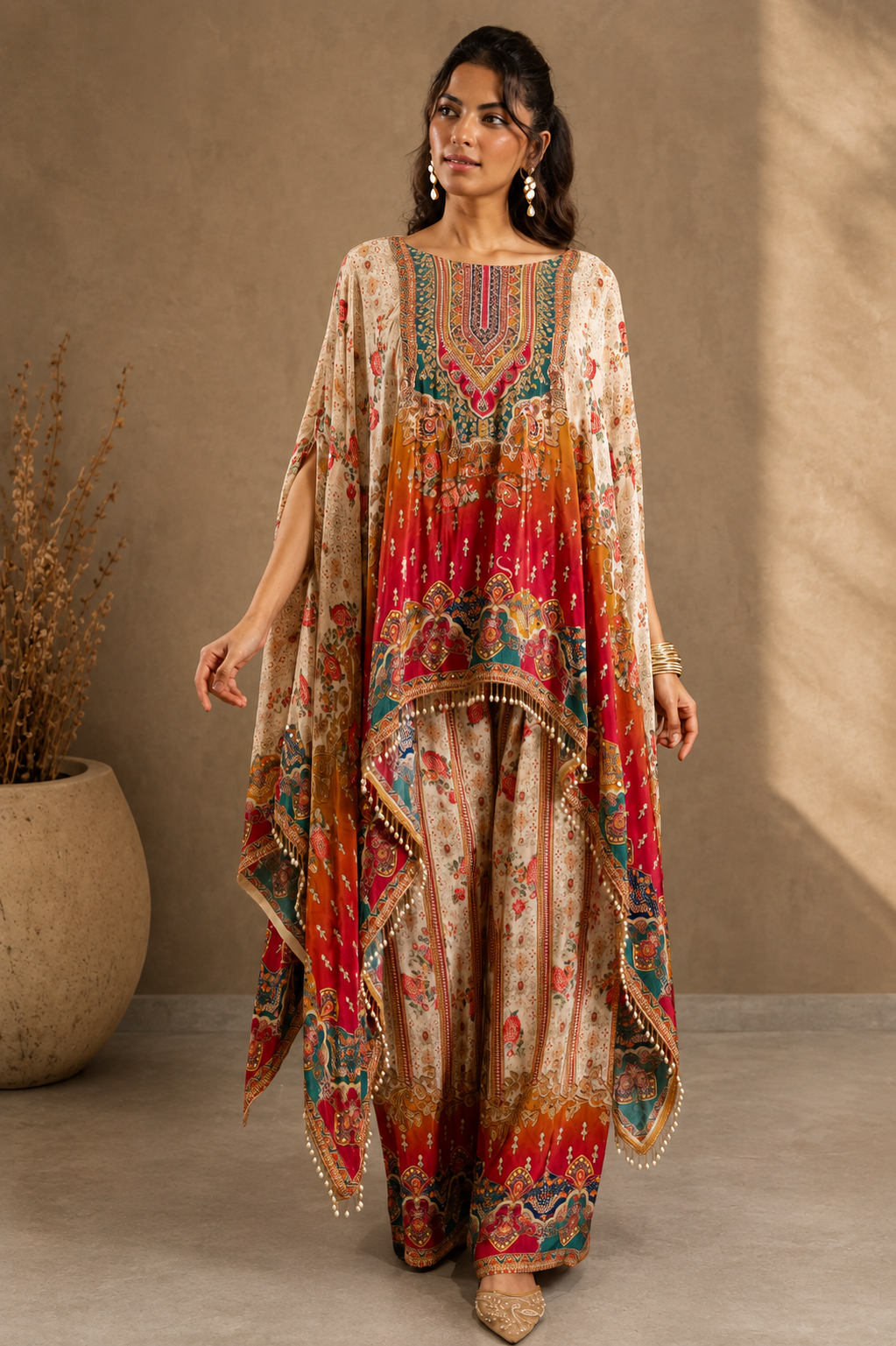 Jewel Print Crepe Kaftan Set