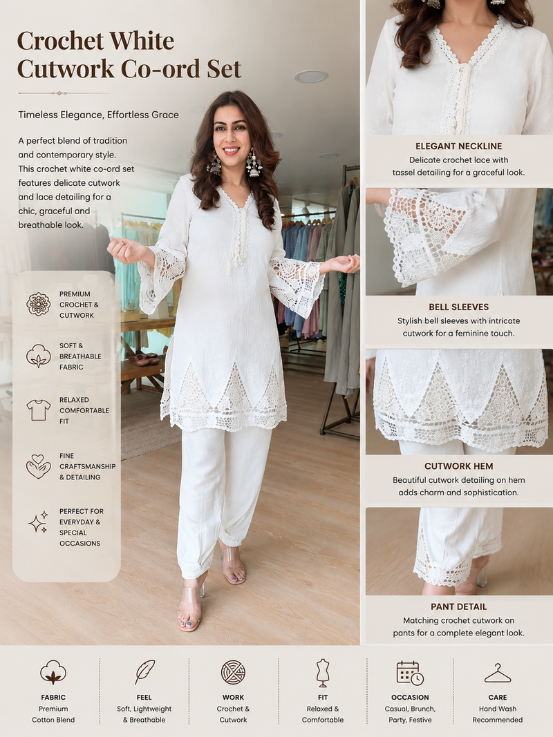 Crochet White Cutwork Co-ord Set