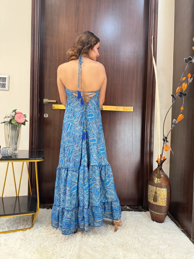 Blue Mirage Paisley Backless Maxi Dress