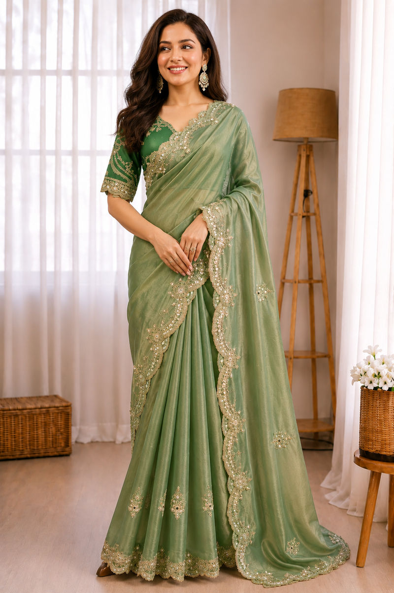 Sage Green Moss Chiffon Embroidered Saree