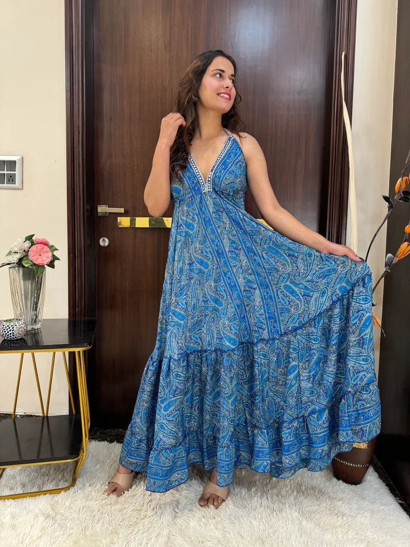 Blue Mirage Paisley Backless Maxi Dress