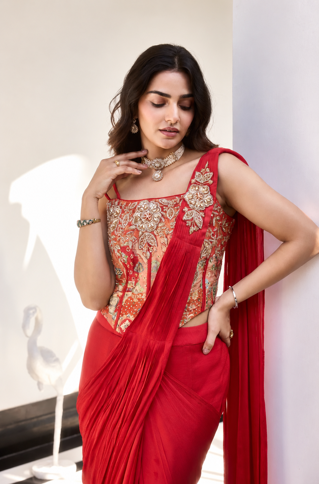 Laal Rang Red Pure Chinon Pre-Draped Saree with Jacquard Blouse