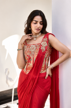 Laal Rang Red Pure Chinon Pre-Draped Saree with Jacquard Blouse