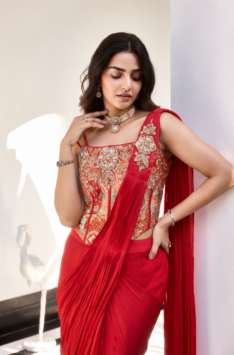 Laal Rang Red Pure Chinon Pre-Draped Saree with Jacquard Blouse