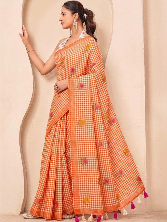 Silk  Floral Checked Woven Design Border Saree