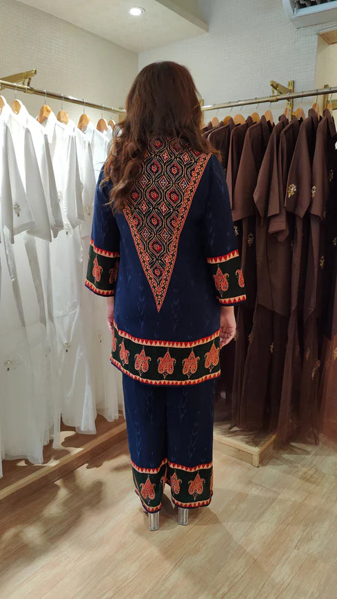 Red Ethnic V-Neck Co-ord Set with Paisley Border Detailing