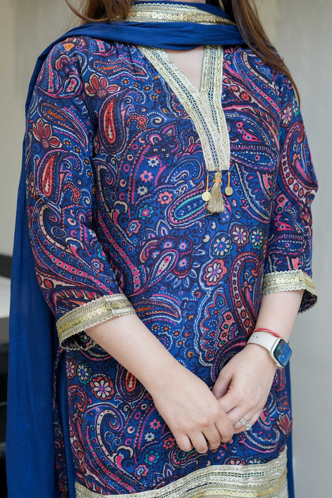 Royal Blue Printed & Lace Detailing Suit Set