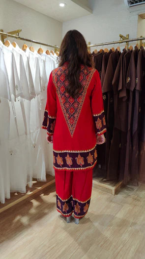 Red Ethnic V-Neck Co-ord Set with Paisley Border Detailing