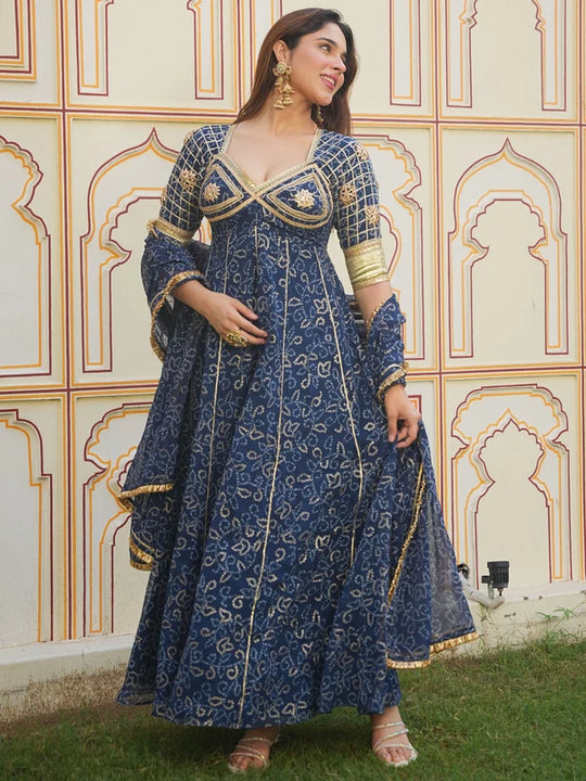 Rangrez Neel Bandhani Anarkali Set