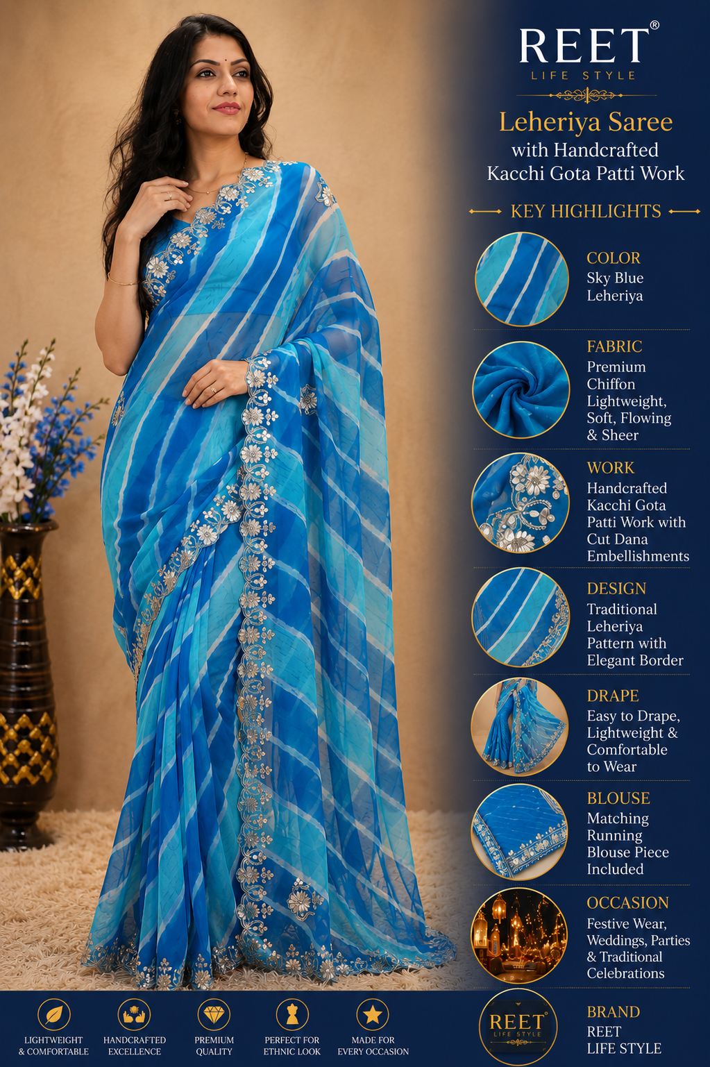Azure Blue Pure Chiffon Leheriya Saree with Floral Embroidery & Sequin Handwork