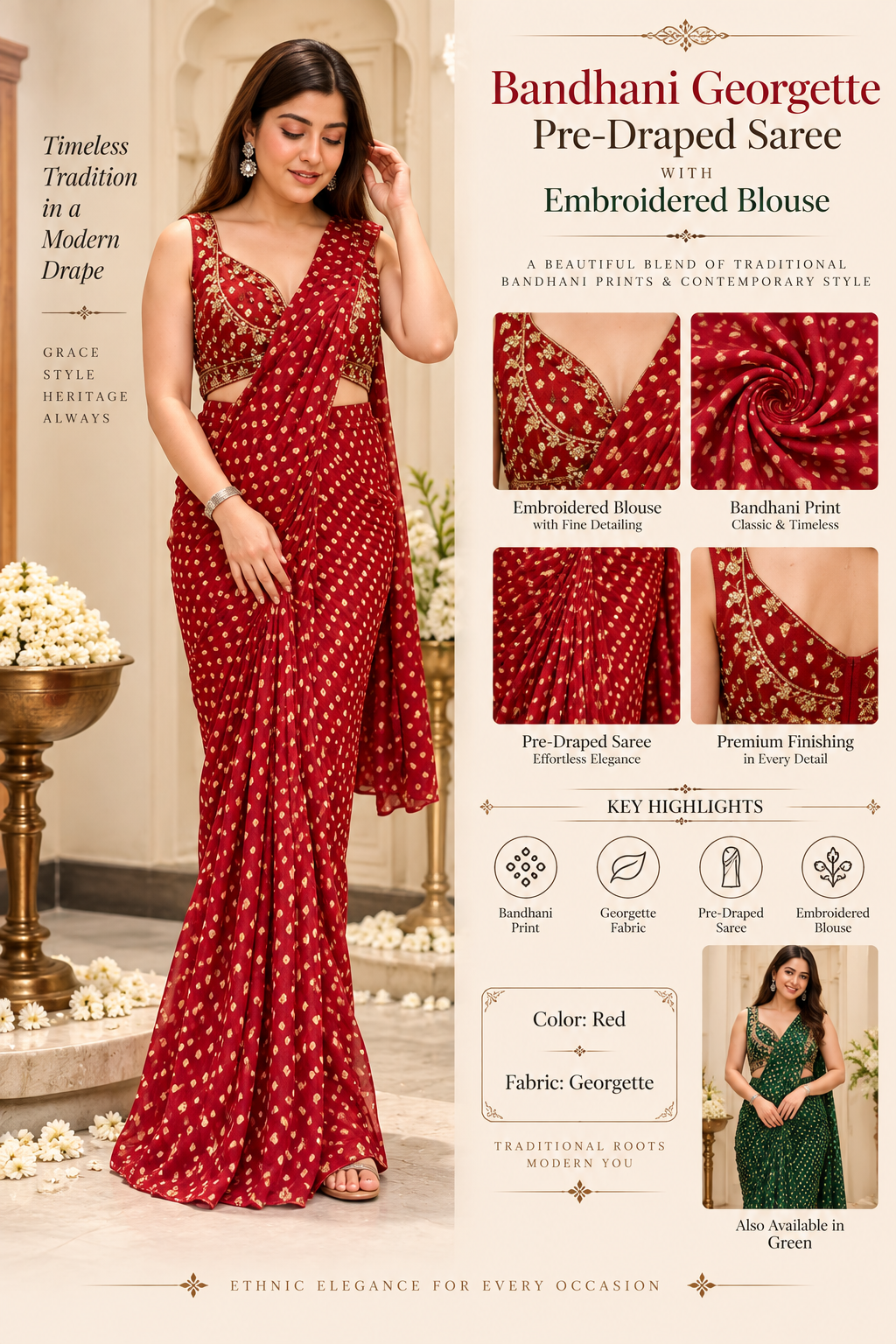 Bandhani Georgette Pre-Draped Saree with Embroidered Blouse