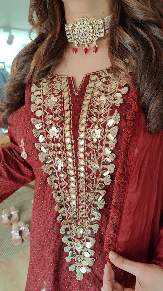 Ethnic Embroidered Maroon Long Yoke Sharara Set