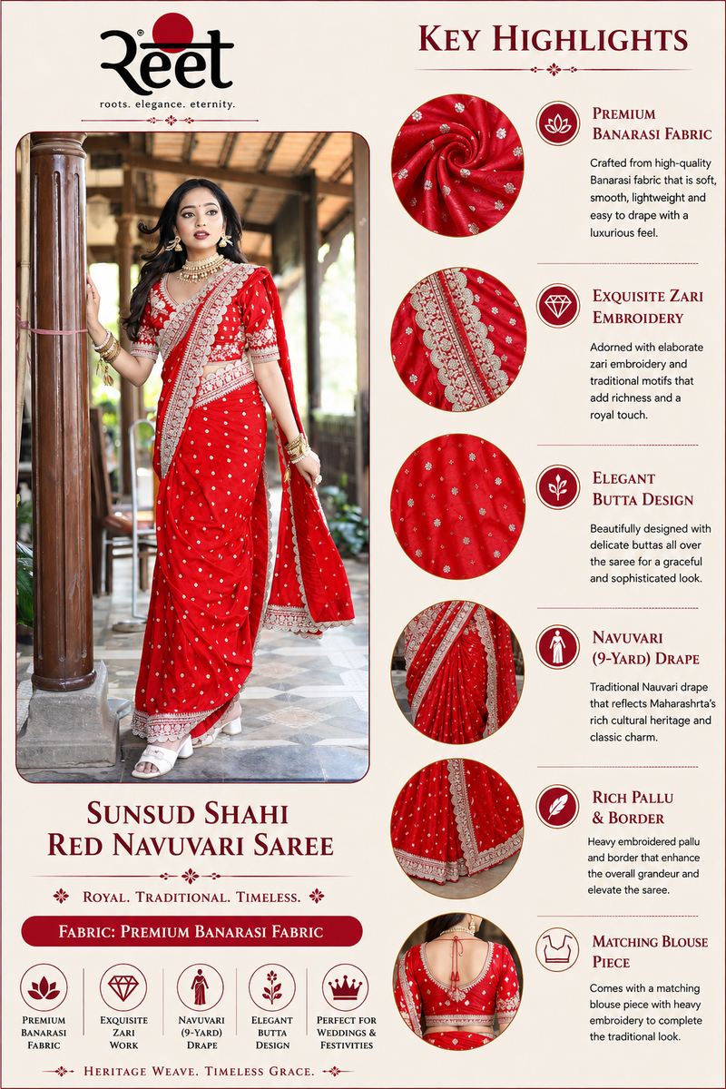 Sunsud Shahi Red Navuvari Saree