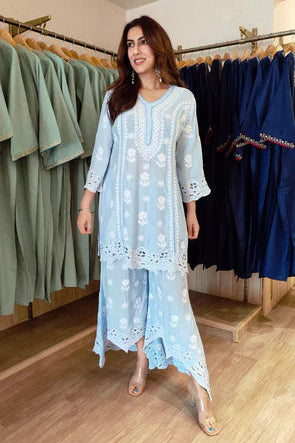 Sky Bloom Chikankari High-Low Kurta Set