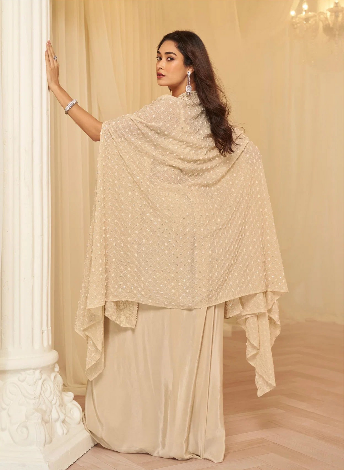 Ivory Embroidered Blouse, Palazzo & Jacket Set