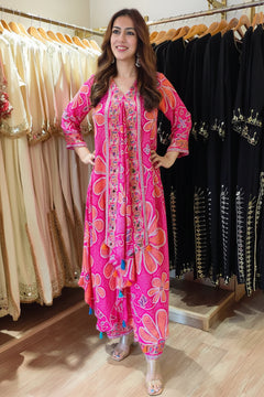 Fuchsia Pink Muslin Silk Floral Butterfly Kurta Pant Co-ord Set