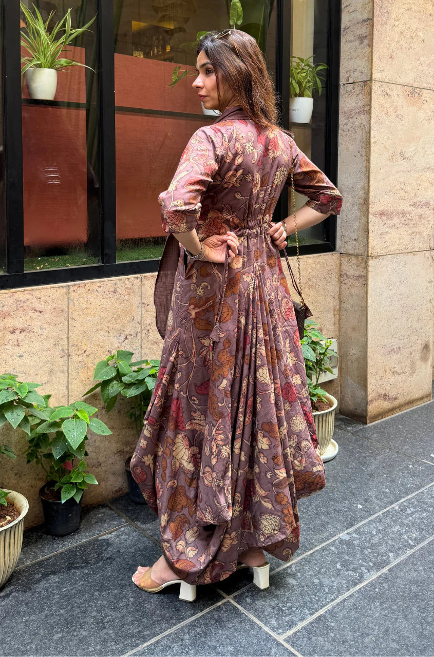 Mocha Bloom Fusion Drape Cotton Dress