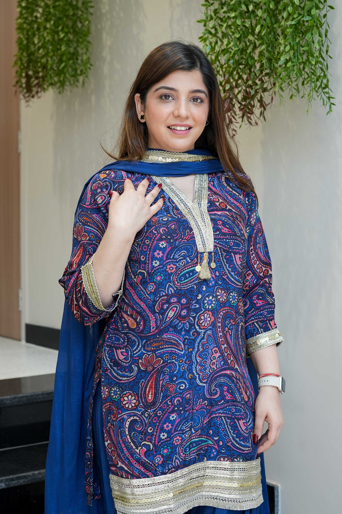 Royal Blue Printed & Lace Detailing Suit Set