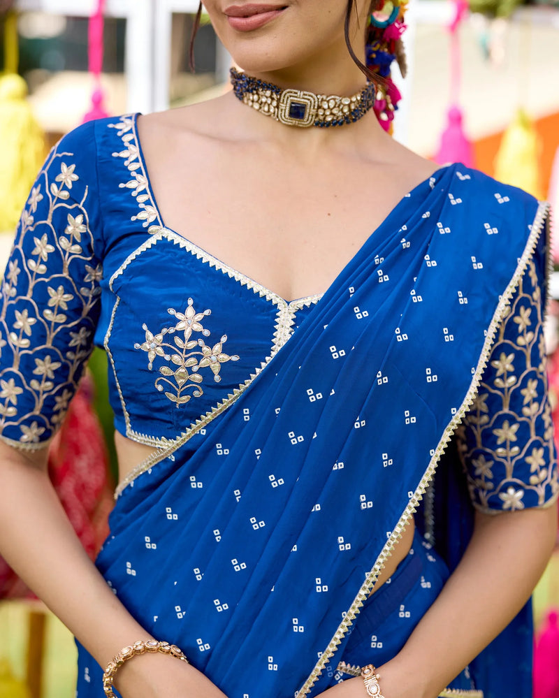 Blue Bandhani Crepe Ready to wear Saree with Blouse