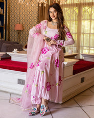 Handpainted Muslin Pink Asavari Suit Set