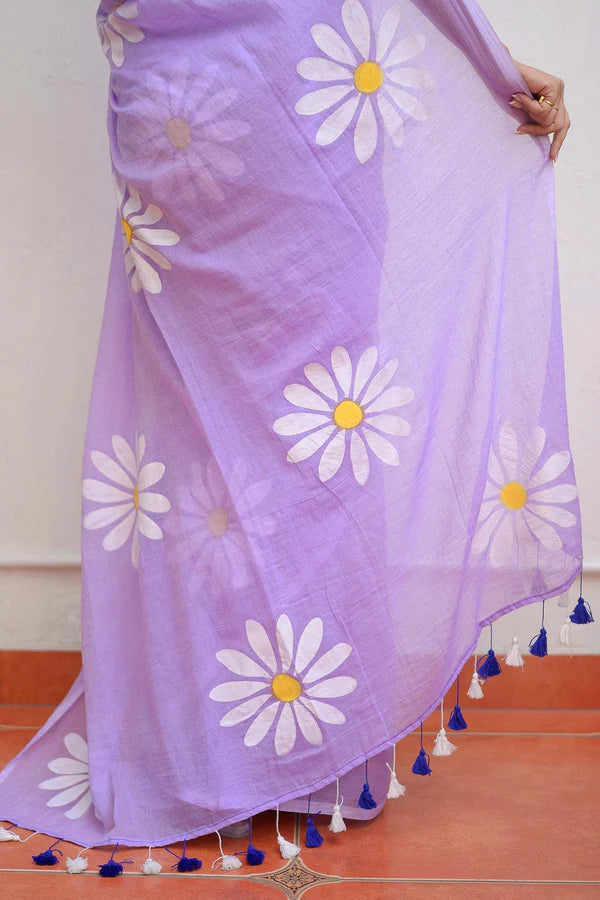Lavender Handpainted Mulmul Cotton Saree- By Reet Lifestyle