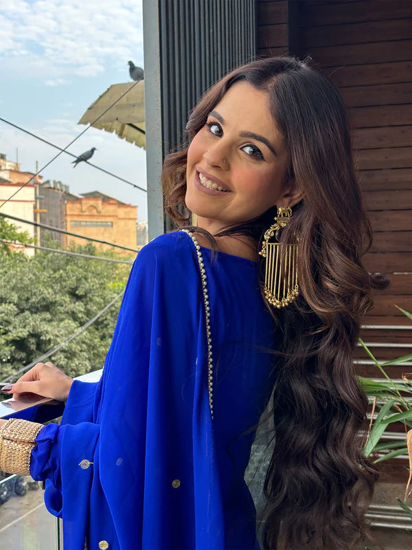 Petal Neck Roman Blue Georgette Anarkali with Dupatta