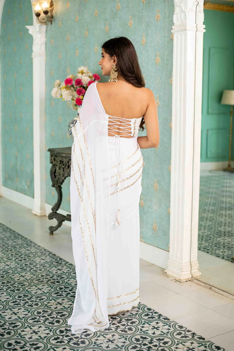 White Sequin Skirt Saree with blouse- By Reet Lifestyle