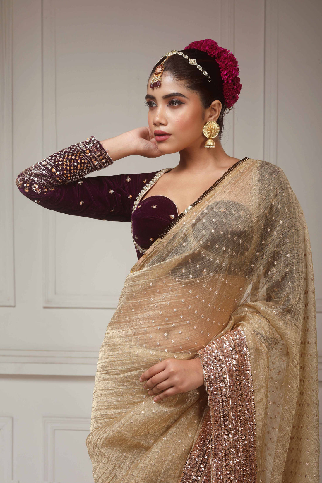 Brushed Gold Crush Tissue Saree with Dark Purple Velvet Embroidered Blouse
