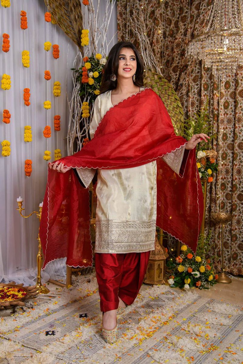 Beige And Red Tissue Kurta Set- By Reet Lifestyle