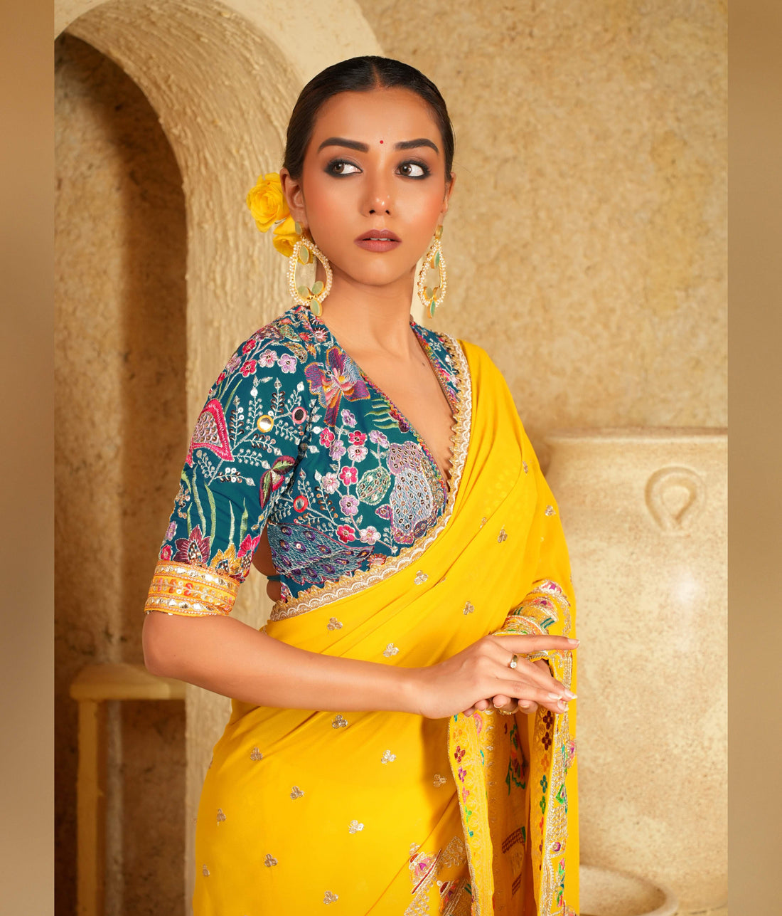 Yellow georgette saree